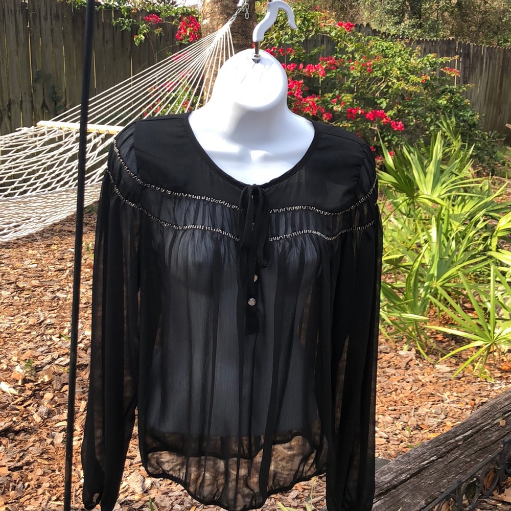 🐴ROCK&ROLL COWGIRL sheer black top, silver beads